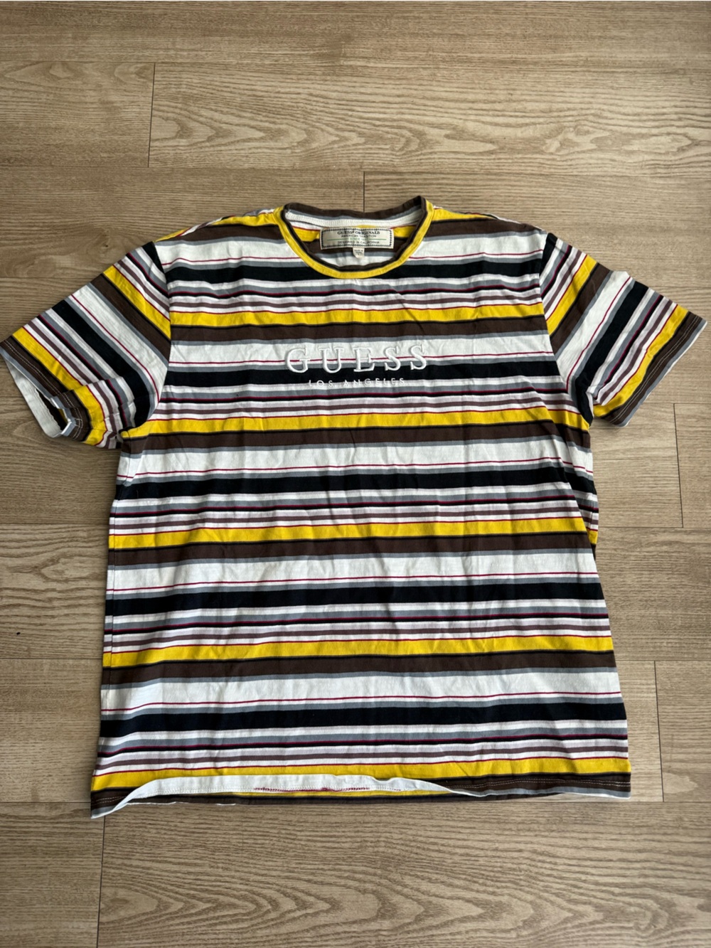 GUESS Men’s Yellow Stripe Logo T‑Shirt